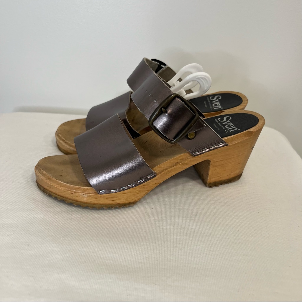 Sven 2 Strap Buckle Wood Swedish Wooden Sandals Pewter 37